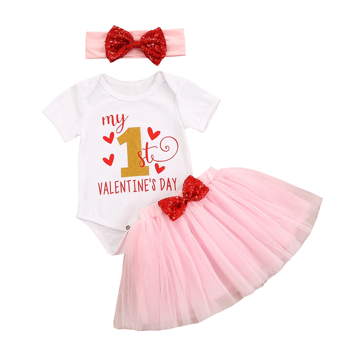 

2021 Baby Girl 0-24M Valentine Outfits 3Pcs Suit Cute Letter Printed Romper and Sequin Bow Gauze Skirt Headband
