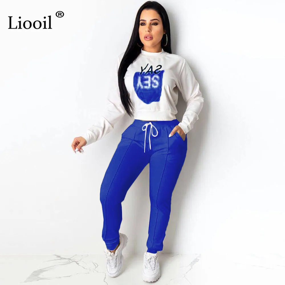 Liooil женский спортивный костюм с буквенным принтом, комплект из двух предметов, футболка с длинными рукавами и круглым вырезом, сексуальный белый топ, спортивные штаны с карманами