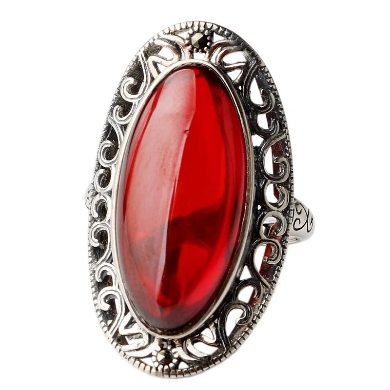 

Black Thai silver s925 pure silver garnet ring female retro fashion yellow and green agate chalcedony opening ring
