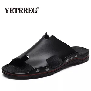 Мужские шлепанцы из спилка, дышащие пляжные тапки, плоская подошва, спилок, размеры 38-48, лето 2019