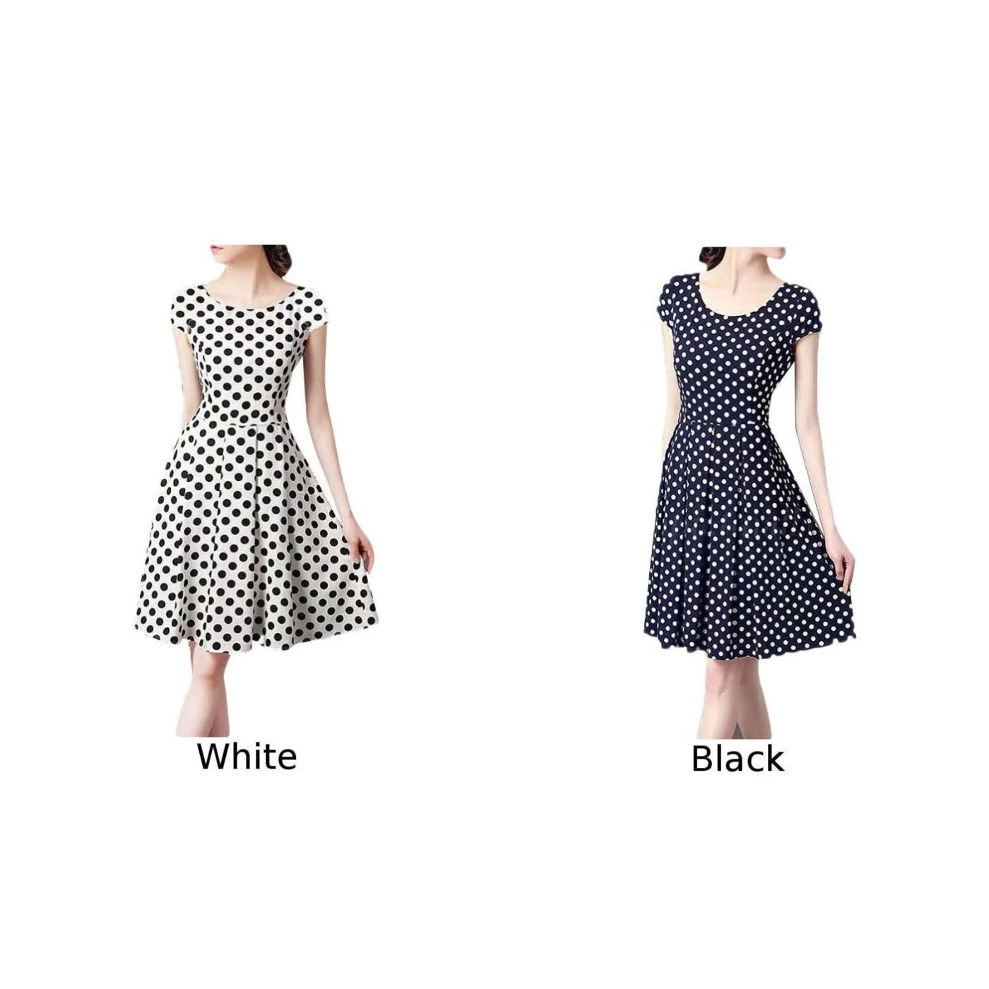 

Womens Polka Dot Printed Short Sleeve Dress Casual Pleated Evening Mini Dresses