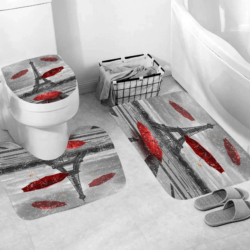 retro paris tower print shower bath curtain bathroom accessories 4 piece set soft high quality toilet mat pad home decor free global shipping