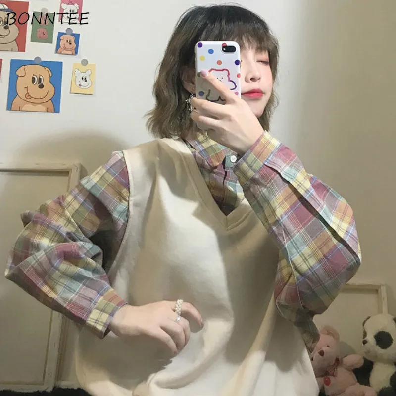 

Hoodies Women Patchwork Plaid Turn-down Collar New Design Korean Style Trendy Chic Pullovers Sweatshirts Spring Womens All-match