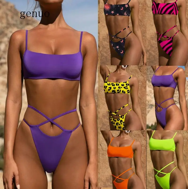 

Бандажный комплект бикини с леопардовым принтом, купальный костюм с завышенной талией, купальный костюм из двух предметов, неоновые бикини ...