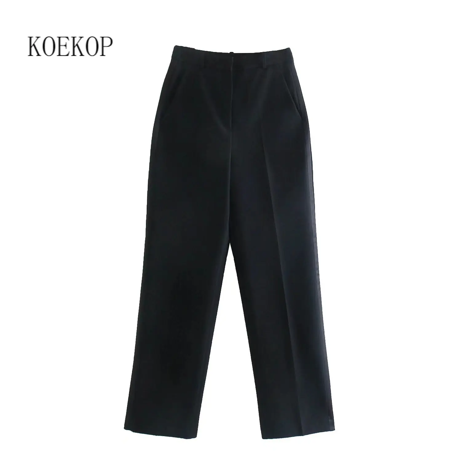 

Koekop Women Fashion Straight Fit Tuxedo Trousers High-waist Front Pockets Satin Side Stripe Detail Elegant Pants Woman
