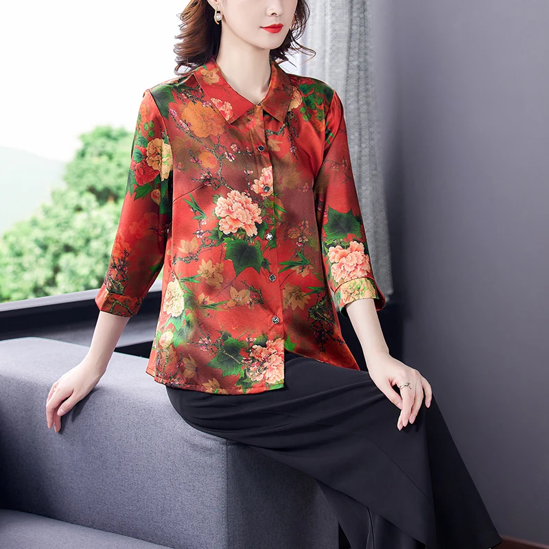 

COIGARSAM Shirt Womens Tops Autumn 2021 Silk Turn-down Collar Women Shirts