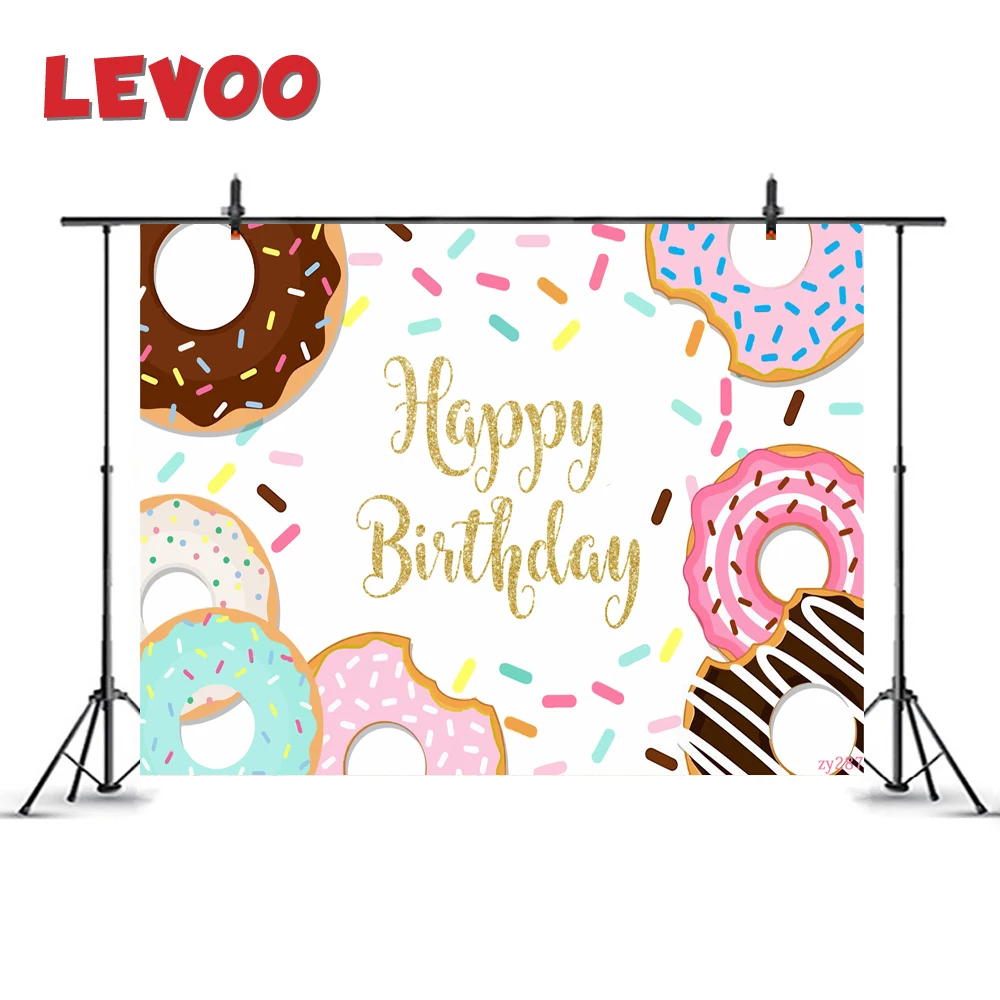Фон для фотографии Levoo "Счастливый день рождения" – разноцветные пончики, фотографический фон для студии, реквизит для съемки, виниловый фотовызов.