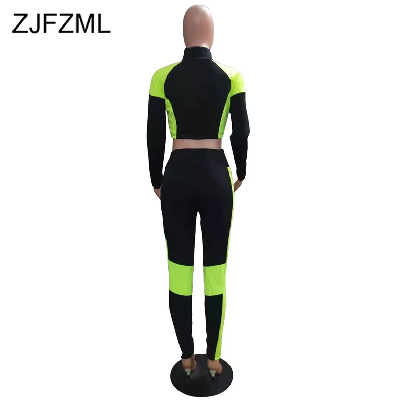 

Contrast Color Causal Two Piece Set Winter Outfits V Neck Long Sleeve Zipper Up Crop Top + Pencil Pants Plus Size Sports Suit