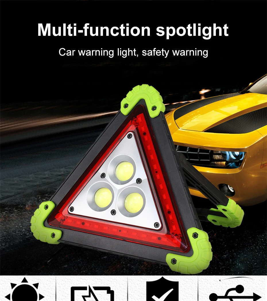 COB LED Emergency Stop Parking Warning Light Triangle Portable Standable Spotlight 1000 Lumens 4 mode choice USB Rechargeable