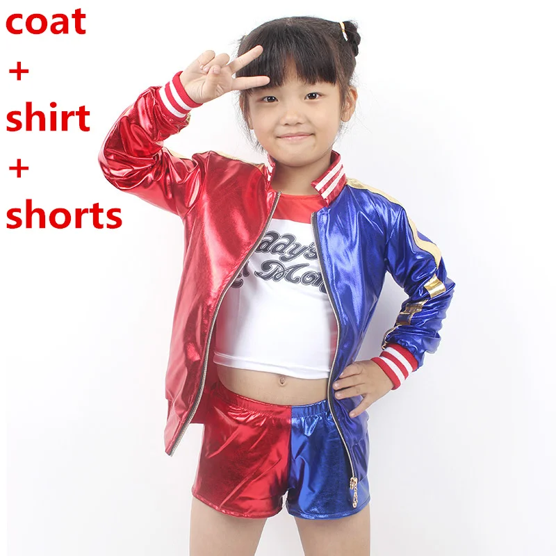 kids full set Бэтмен отряд самоубийц Джокер Харли Квинн косплей костюм Хэллоуин клоун Daddy's Lil куртка с монстром шорты футболка одна форма - Цвет: kids full set