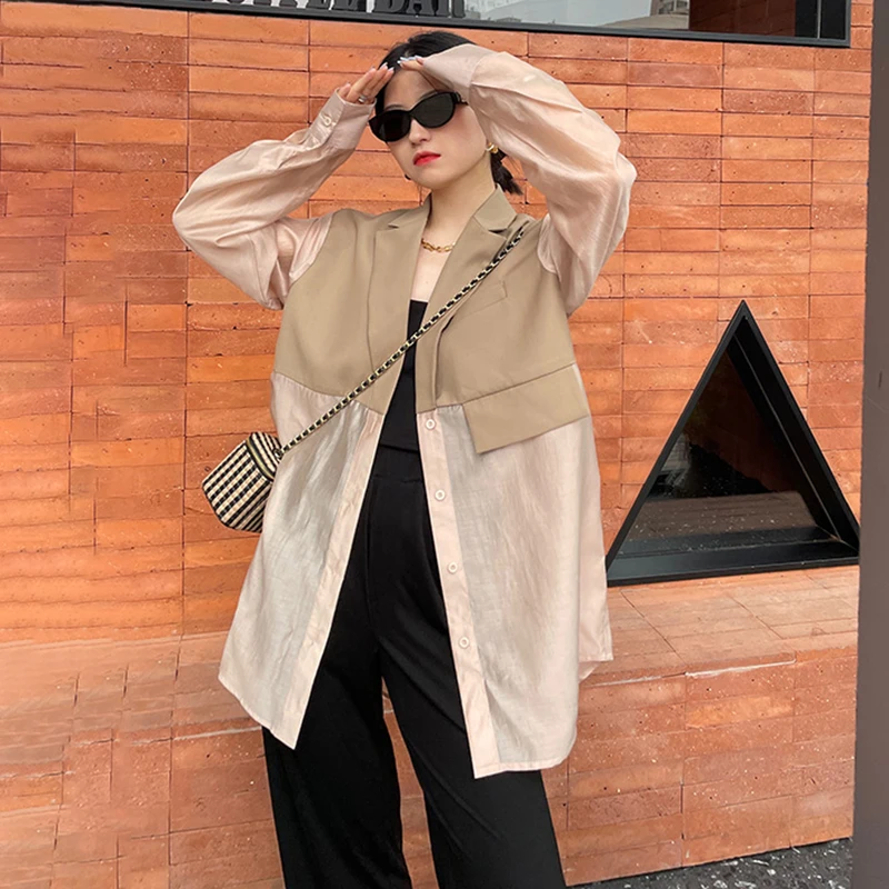 

SHENGPALAE Khaki Shirt Patchwork Blazer Women's Autumn 2021 New Notched Large Size Single Breasted Long Sleeve Suit Coat 5E1822