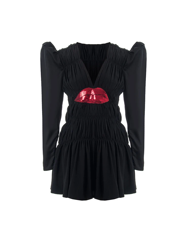 

Eye-Absorbing Red Lip Exquisite Modern V-neck Pleated Slim-Fit Lamb Leg Sleeve Ruffle Dress dresses for women woman dress