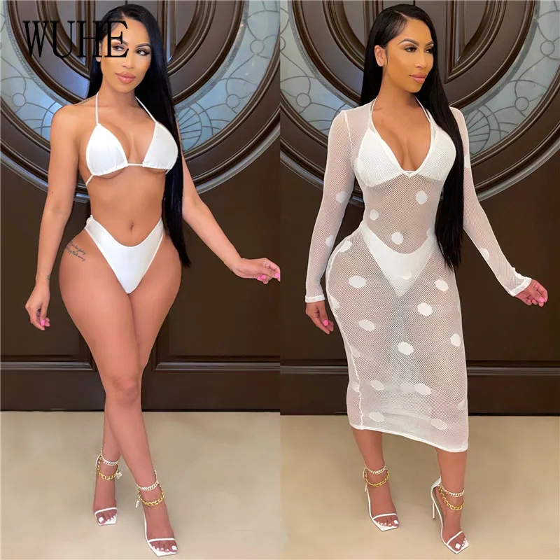 

WUHE Mesh Bikini Three Sets See Through Halter Bra+sexy Panties+long Sleeve Dots V Neck Dresses Casual Beach Holiday Swimsuits