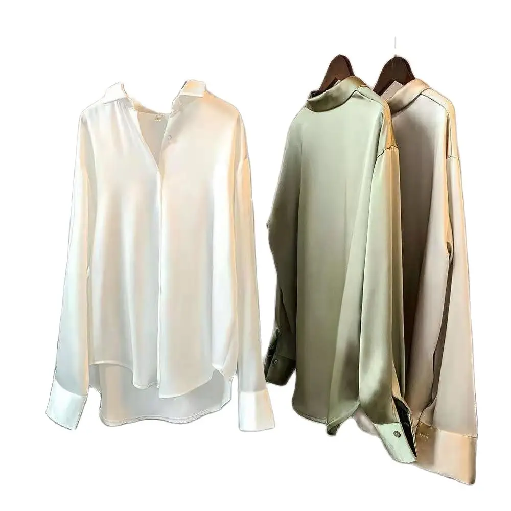 

2019 Spring Women Fashion Long Sleeves Satin Blouse Vintage Femme V Neck Street Shirts Elegant Imitation Silk Blouse 5273 50