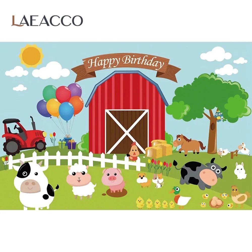 Laeacco ферма фоны животные день рождения Корова Лошадь трава Облачное дерево
