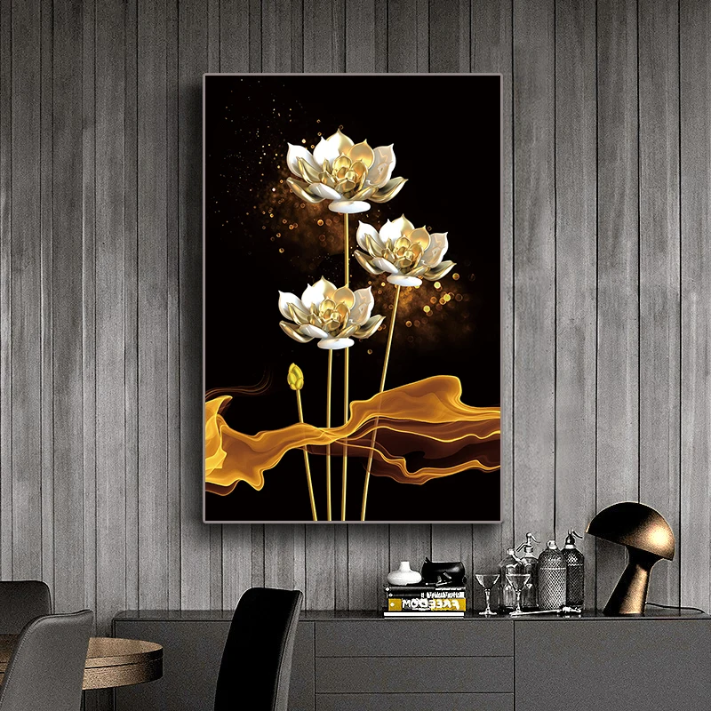 

Golden Plant Flower Lotus Canvas Painting Nordic Decorative Painting Living Room Art Wall Picture Modern Home Decoration
