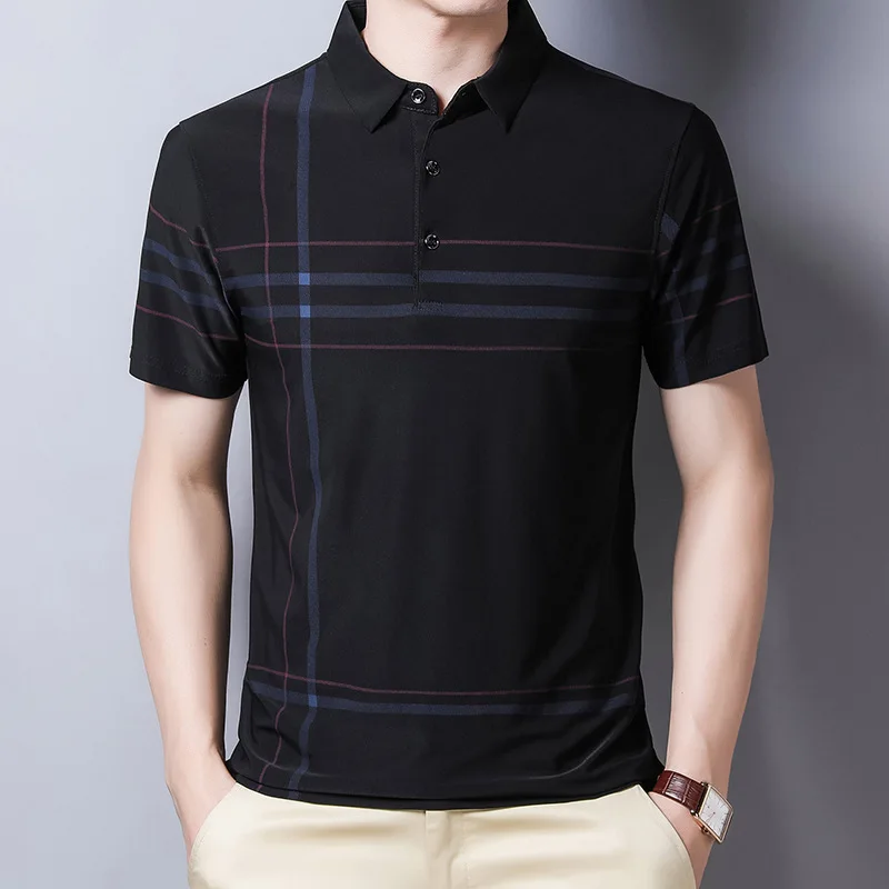 

Fashion Slim Men Polo Shirt Black Short Sleeve Summer Thin Shirt Striped Male Polo Shirt for Korean Clothing