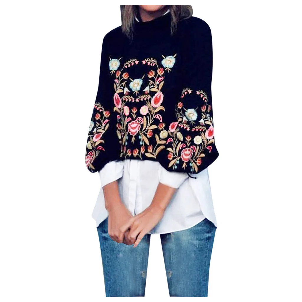 Женский пуловер с длинным рукавом и принтом в стиле ретро|Блузки| |