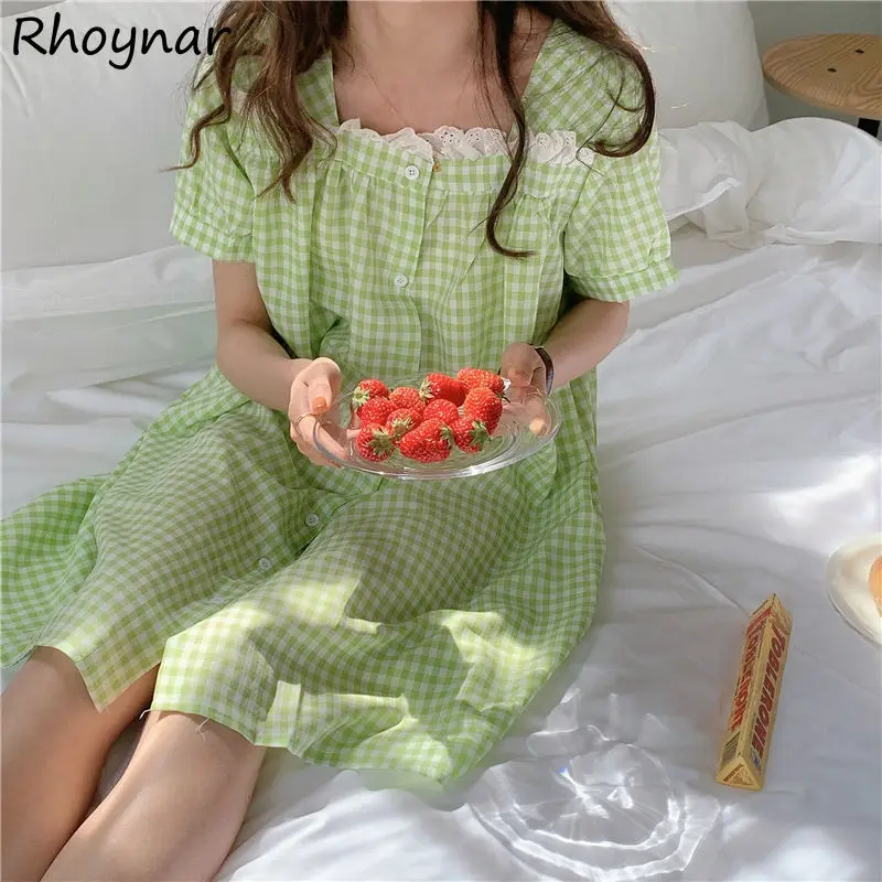 

Ночные рубашки, Женская свободная клетчатая кружевная Пижама для колледжа, Повседневная элегантная мягкая дышащая Домашняя одежда до коле...