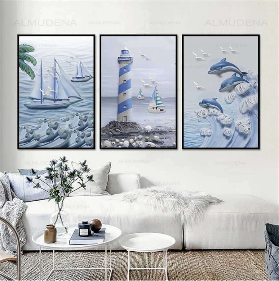 

European Style Cartoon Dolphin Lighthouse Sailing 3 Panels Canvas Painting with No Frame for Children's Room Wall Art Poster