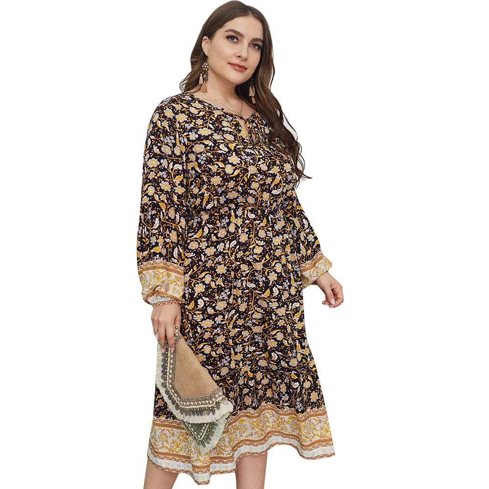 

Women Summer Long Sleeve Dress Plus Size Female Lace Up V Neck Retro Floral Print Vintage Dress High Waist Maxi Long Dresses