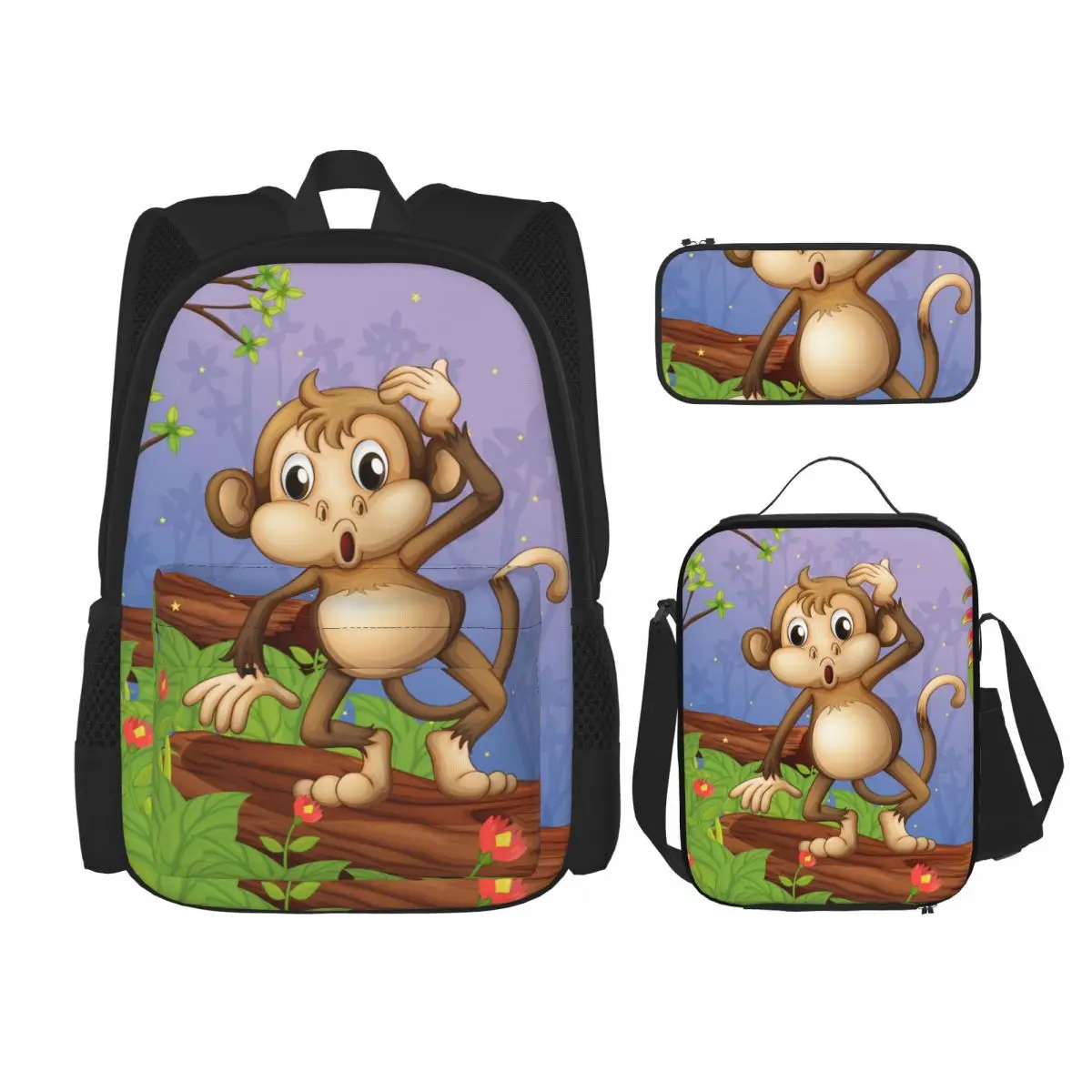 

3PCS School Backpack Set Monkey Playing Garden Bag Casual Student Backpacks School Bags for Teenagers Boys Girls