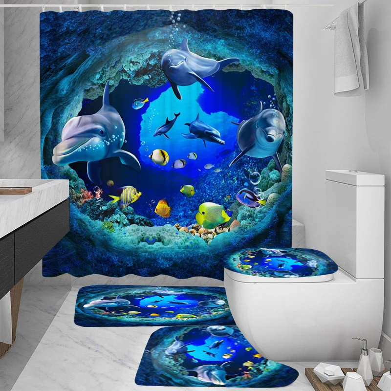 

3D Elephant Print Bathroom Sets Ocean Dolphin Deep Sea Shower Curtain With 12 Hooks Pedestal Rug Lid Toilet Cover Bath Mat Set