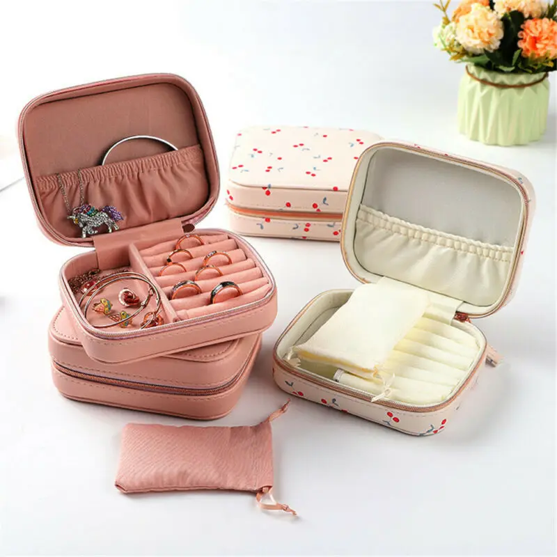 

Women's Cherry Print PU Leather Display Storage Case Jewelry Box Zipper Waterproof Organizer Case for Necklace Ring Earrings