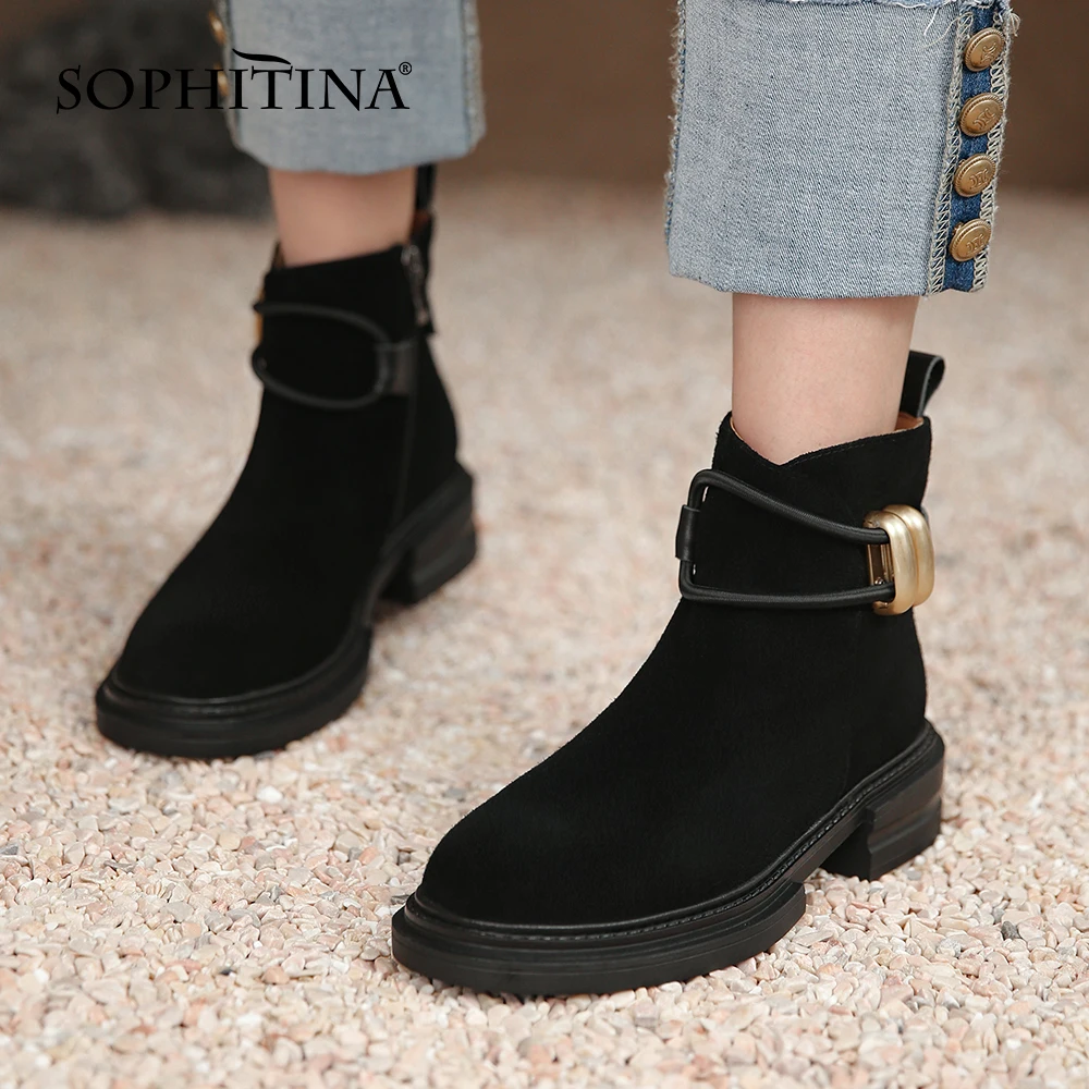 

Ботильоны на низком каблуке SOPHITINA, повседневные Нескользящие, на молнии, с металлическим украшением, круглый носок, толстая нескользящая об...