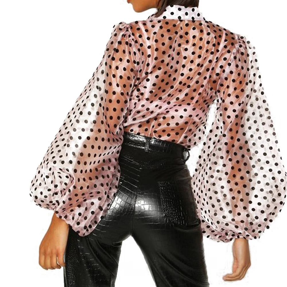

Женская сексуальная блуза в горошек с длинным рукавом-фонариком, леопардовая сетчатая блузка, топы, модная повседневная свободная Прозрачн...