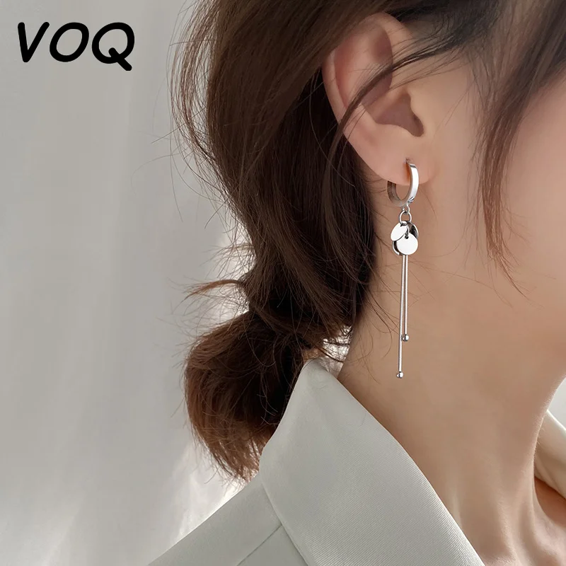 

VOQ 925 Sterling Silver Round Discs Hoop Earrings for Women Long Tass Earrings Fashion Jewelry Gifts Wholesale