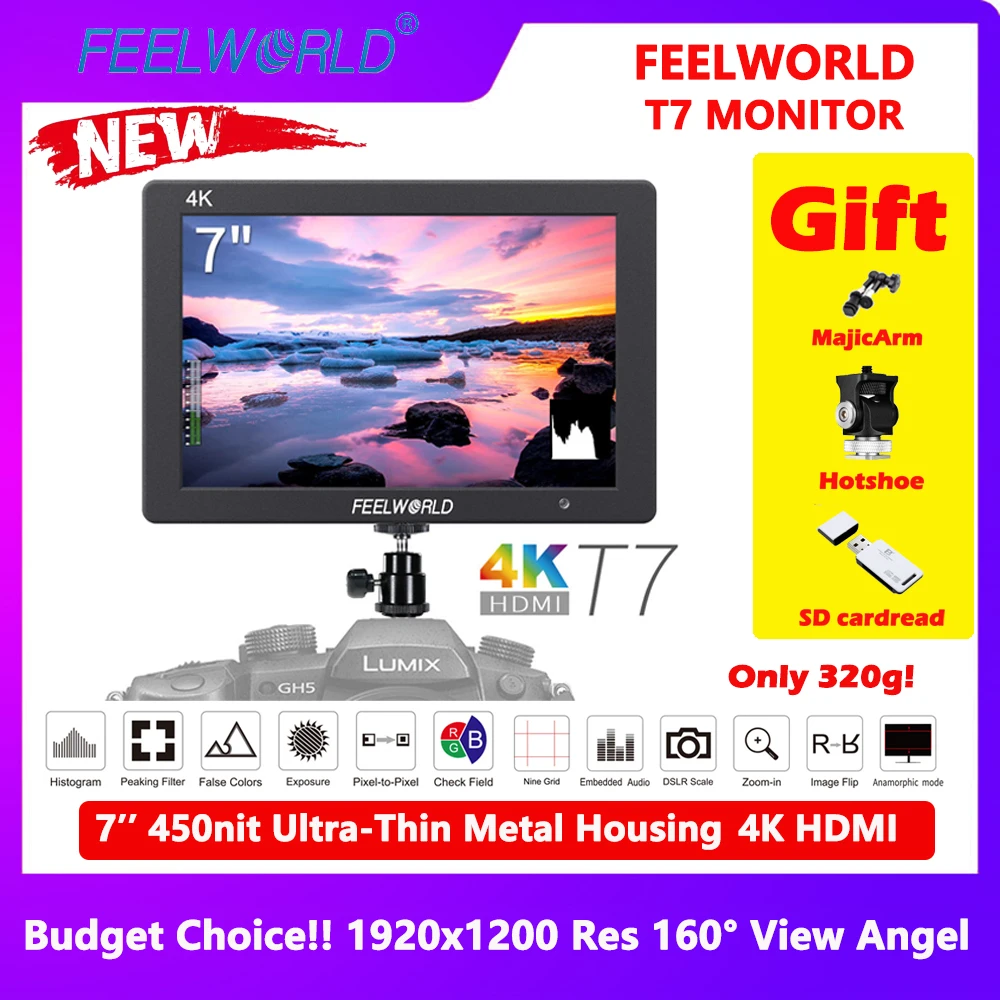 Verkaufen FEELWORLD T7 7 Zoll IPS 4K HDMI Kamera Feld Monitor Video Unterstützen Full HD 1920x1200 Solide Aluminium Gehäuse DSLR Monitor Mit Pea