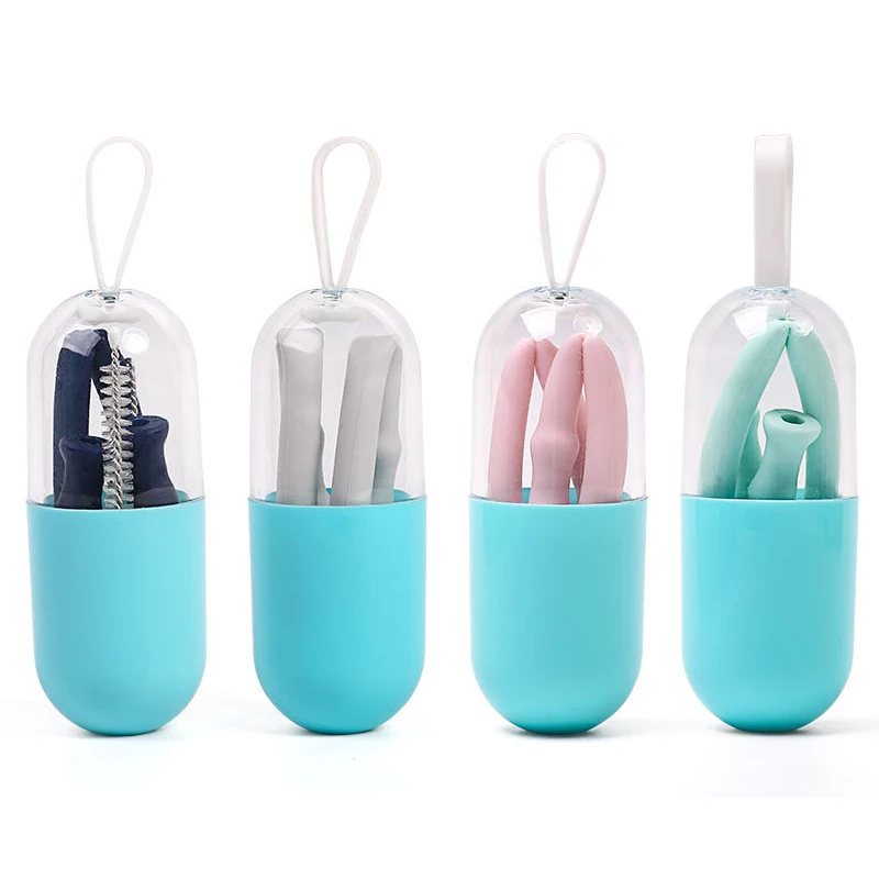 Collapsible Silicone Straw Reusable Folding Drinking Straw with Carrying Case and Cleaning Brush for Travel, Home, Office Drinks
