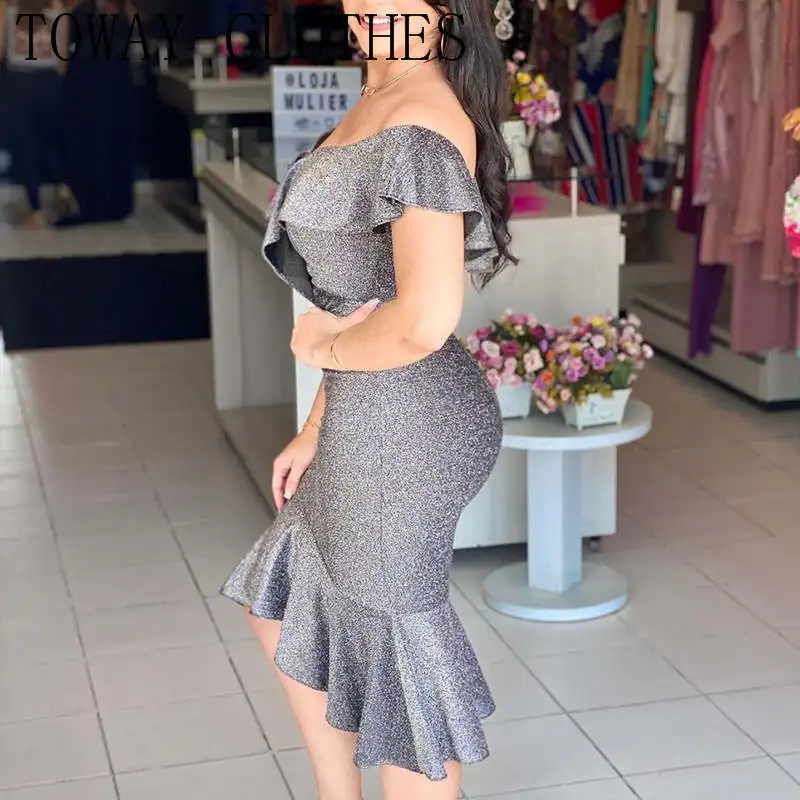 Блестящее асимметричное вечернее платье с оборками и вырезом элегантные