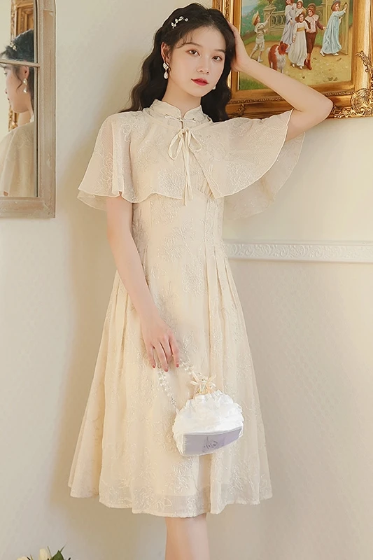 

COIGARSAM Cheongsam Women dress Summer Dresses Apricot 6351