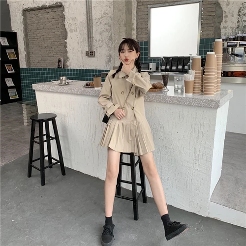 Простые цвета хаки свободные пуговицы линии плиссированные отложным воротником