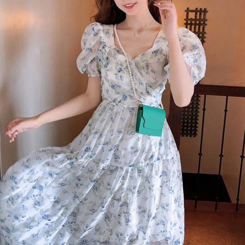 

2021 Summer Short Sleeve Elegant Dress Women Floral Dresign Vintage Dress Party Evening for Females One Piece Dress Korean Y2K