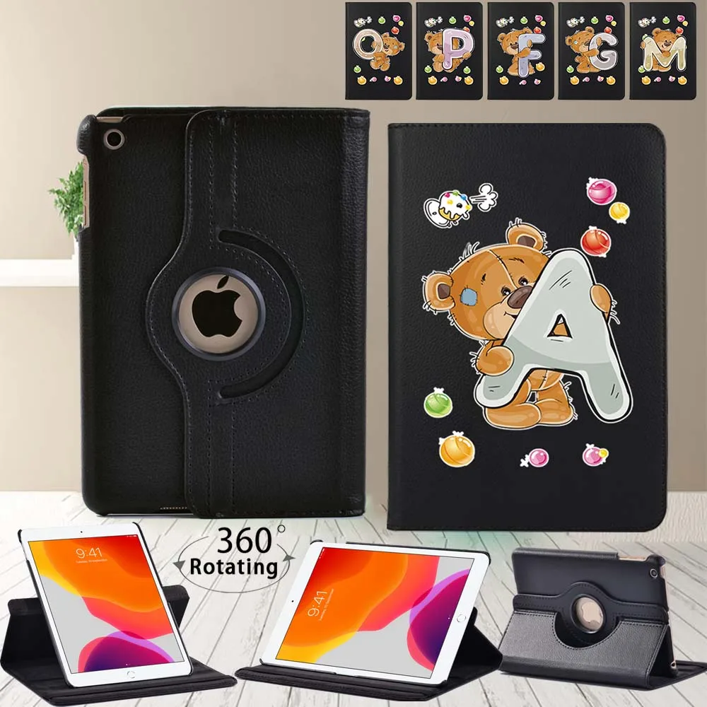 

For Apple iPad 10.2 inch 9th Gen 2021 360 Degrees Rotating Tablet Case Bear Letter Smart Auto Sleep/Wake Cover + Stylus