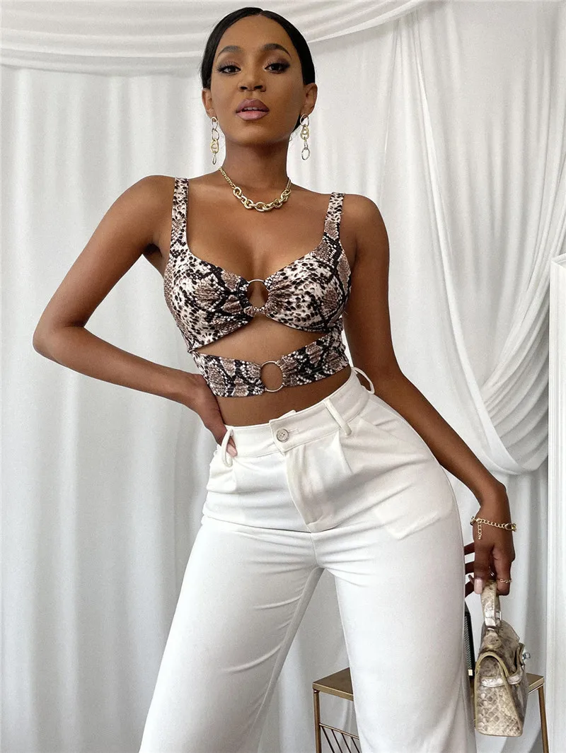 

Майка женская с принтом змеиной кожи, пикантный топ-труба с кольцами в стиле пэчворк, Клубная одежда, облегающий ажурный жилет, уличная одеж...