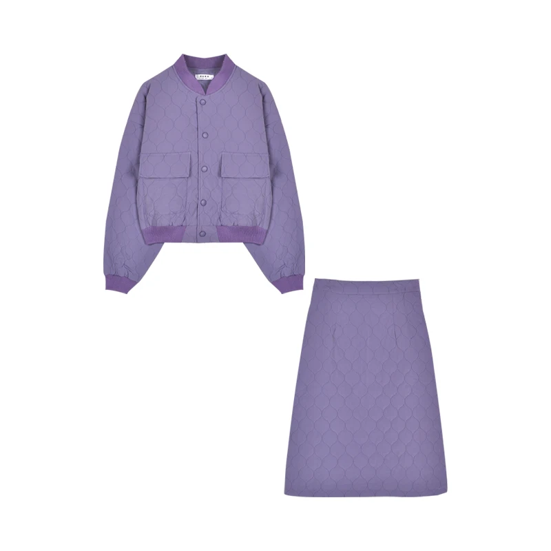 

2021 New Fashion Purple Coat + Slim High Waist Straight Skirts Temperament Cotton Suits Parkas Winter Sets Thick Loose Warm