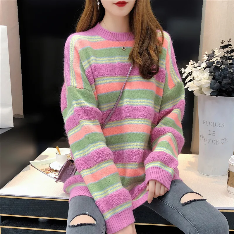

Round Neck Pullover Rainbow Stripe Sweater For Women Loose Outer Wear Bottom Knitte Rainbow Sweater