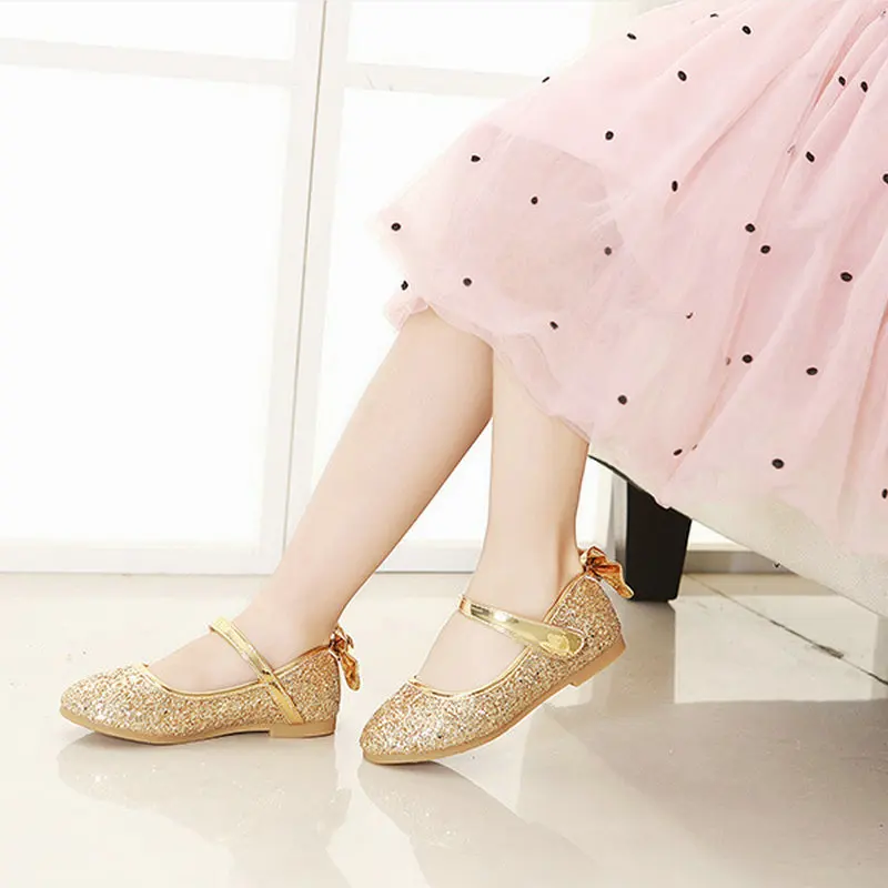 

2020 Children Glitter Princess Shoes Student Leather Shoes Flat soft Girls Sandals Dress Kids Leather Glitter Crystal Shoes