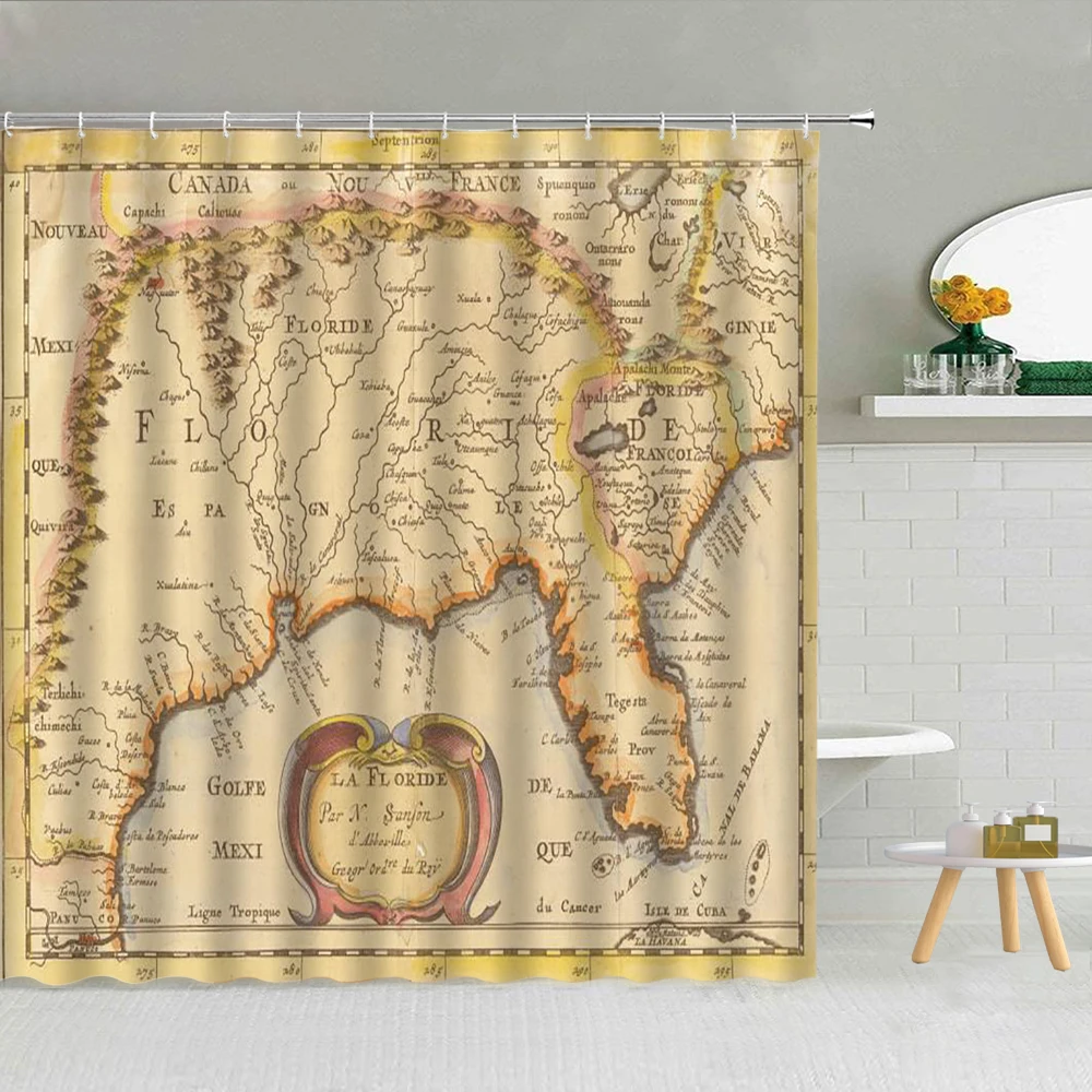 

Different World Map Pattern Shower Curtain Vintage Style Printed Bathroom Supplies Fabric With Hooks Bath Screen Decor Washable