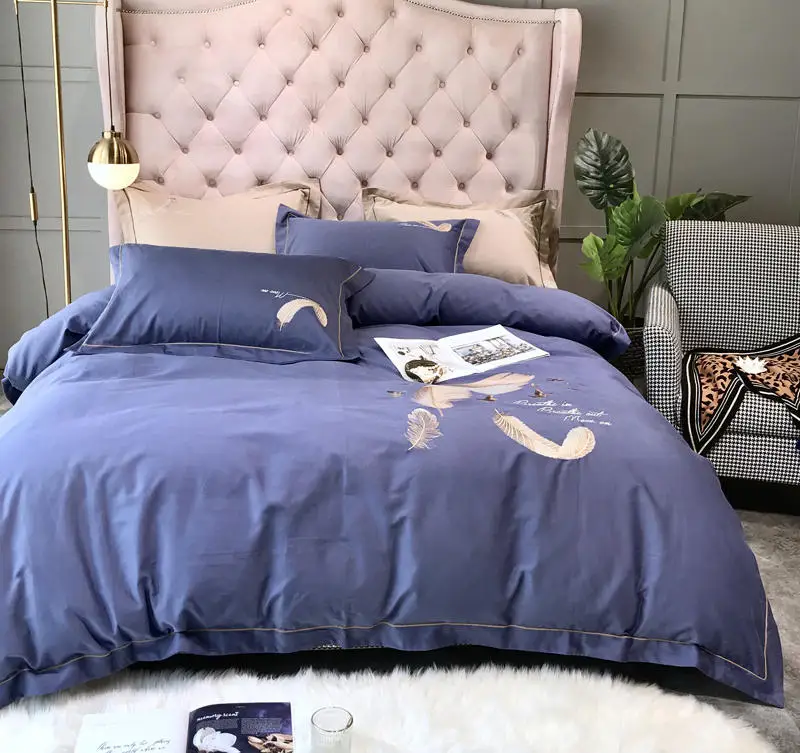 

Осенне-зимние комплекты постельного белья из длинноволокнистого хлопка с вышивкой 100%, размер Queen, King, пододеяльник, стеганое одеяло, плоское, плотное