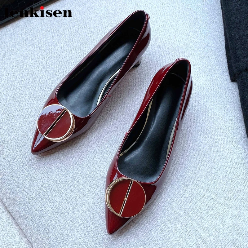 

Lenkisen genuine leather European style gorgeous metal decorations pointed toe med heels slip on mature women fashion pumps L60