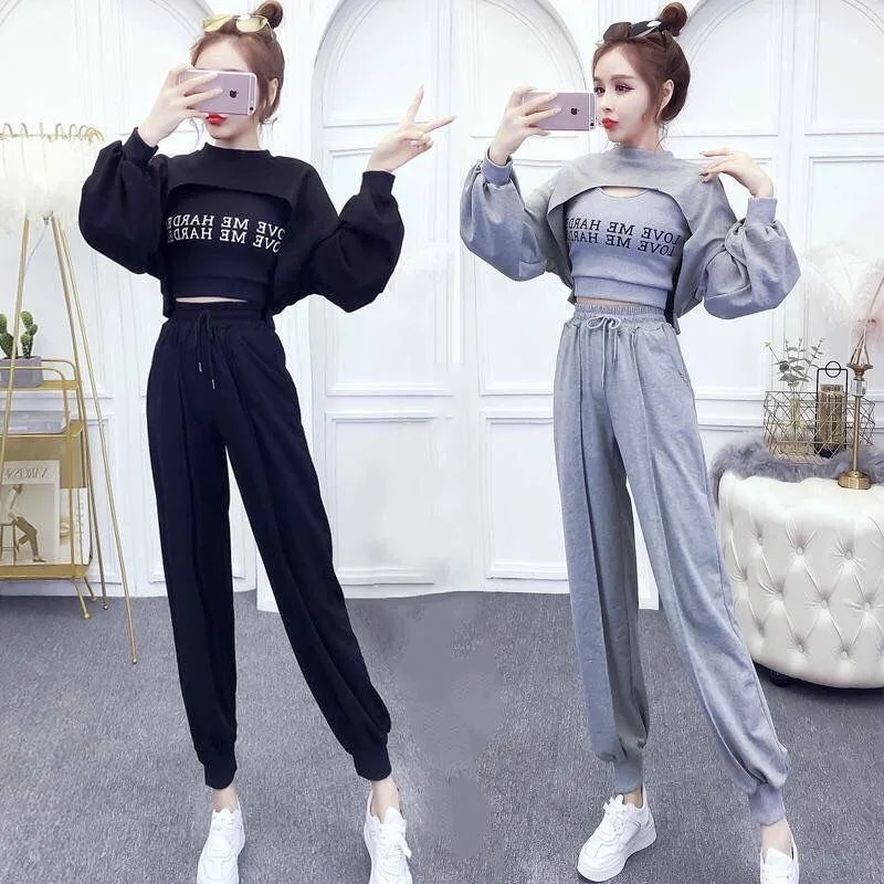 

2021 Spring Autumn Women Sports Two Piece Suit Korean Fashion Casual Three-piece Irregular Sweatshirt/pant and Camisole Y295