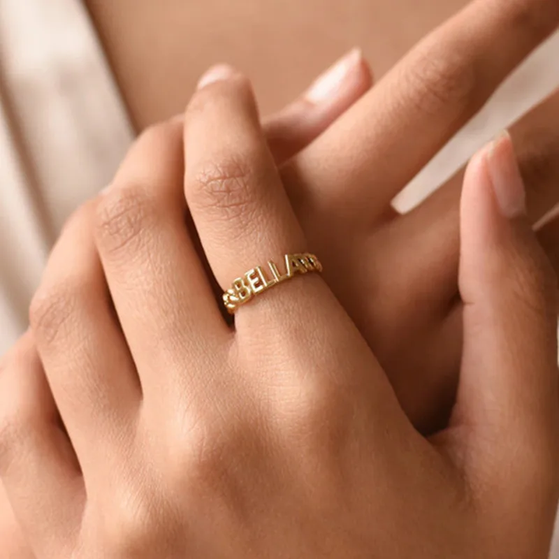 

Customized Name Ring Stainless Steel Hollow Letter Cuba Chain Ring Personalized For Women Jewelry Valentine's Gift