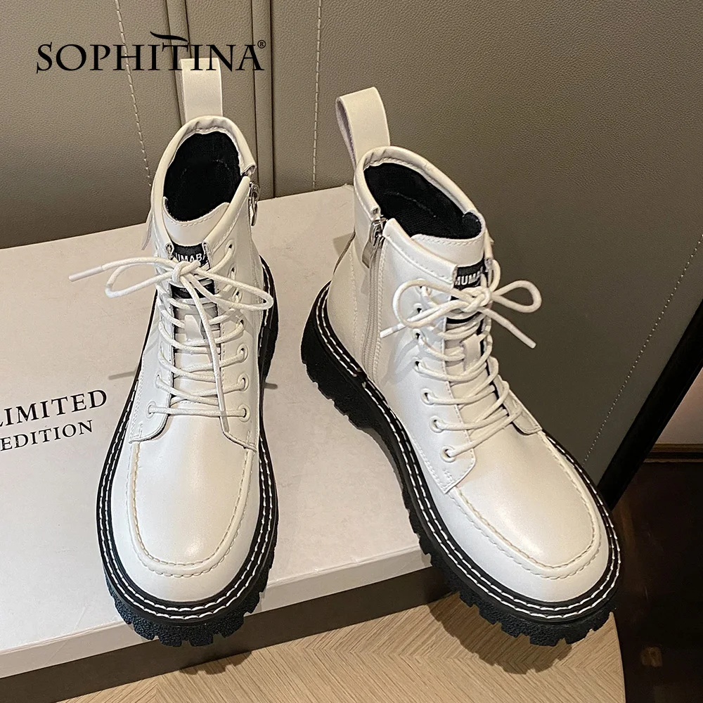 Murah Sepatu Bot Wanita Populer SOPHITINA Sepatu Renda Silang Kulit Lembut Jahit Ujung Bulat Sepatu Bot Pergelangan Kaki Datar Hangat Musim Semi/Musim Gugur Mewah Pendek WO923