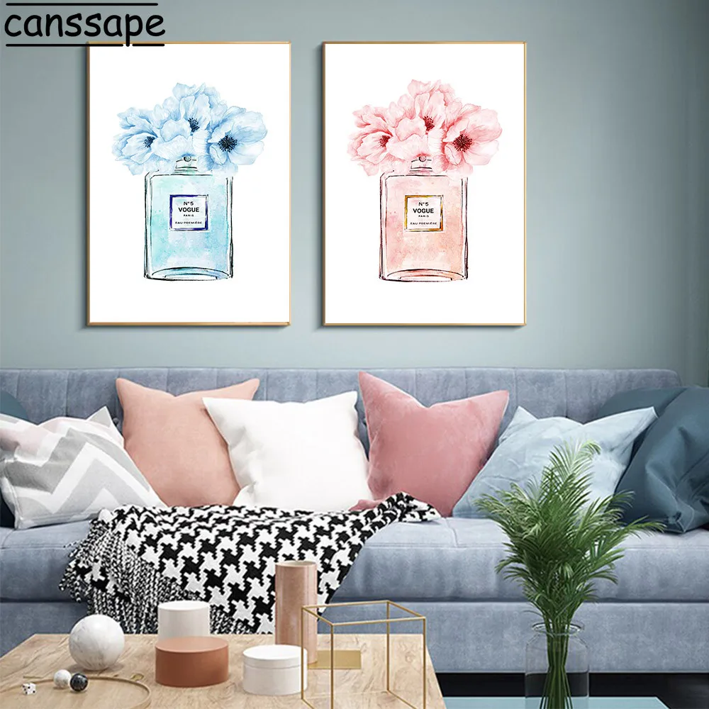 Vogue флакон духов настенное искусство акварельный цветок холст картина постер для