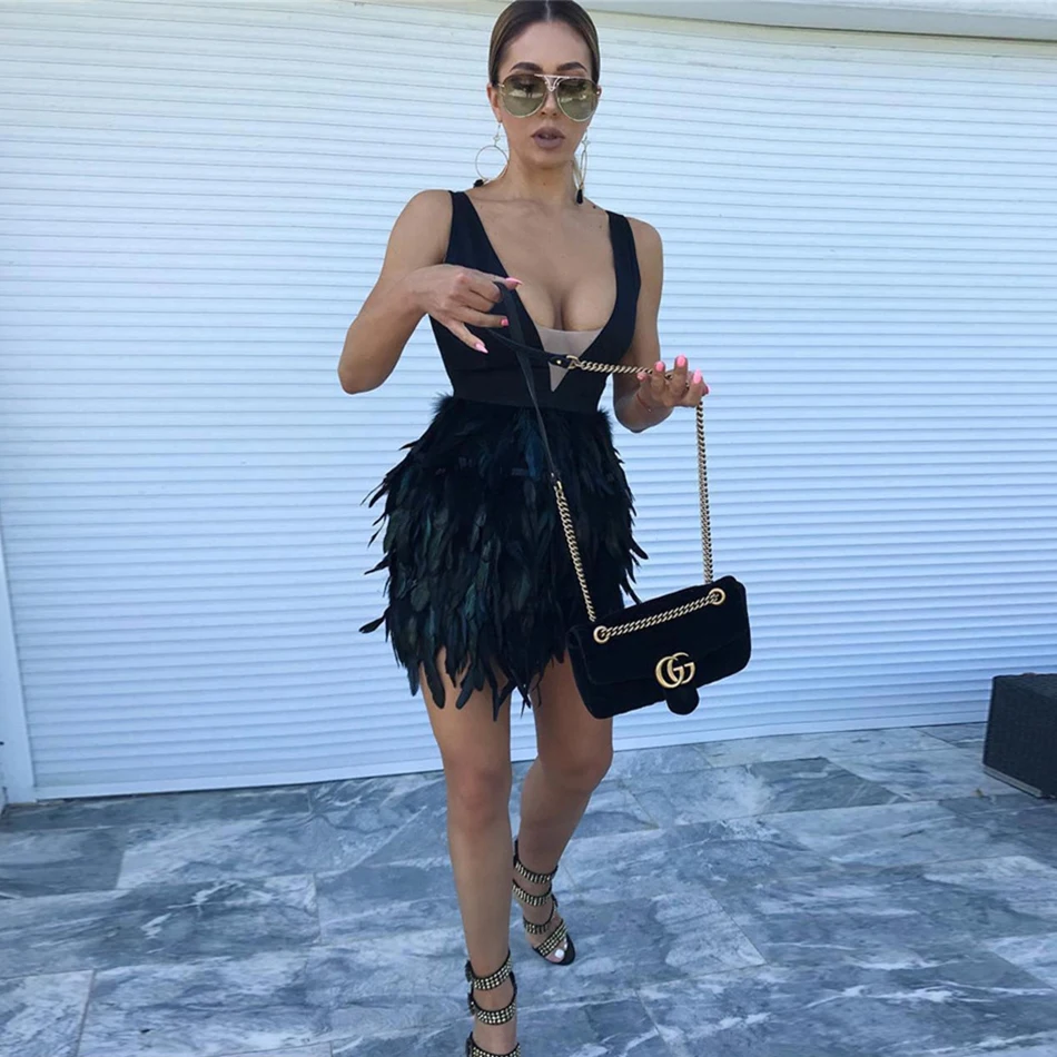 Amily. c новое летнее женское Бандажное платье Vestidos черное перо Сексуальная глубокая Клубная одежда с v-образным вырезом облегающие вечерние платья